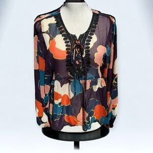 🌻BCBGeneration Floral Semi-Sheer Tie-Up Peplum Boho Blouse Size Medium